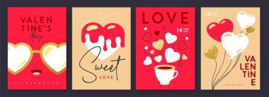 Sevgililer Gününüz kutlu olsun tebrik kartları, kapaklar ya da aşk dolu posterler. Sevgililer Günü. Düz dizayn. Vektör illüstrasyonu