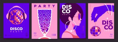 Disko toplu retro disko parti posterleri, kapaklar ya da pankartlar. Disko arka planı. Düz dizayn. Vektör illüstrasyonu