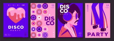Disko toplu retro disko parti posterleri, kapaklar ya da pankartlar. Disko arka planı. Düz dizayn. Vektör illüstrasyonu