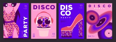 Set of retro disco party posters, covers or banners with disco ball. Disco background. Flat design. Vector illustration clipart