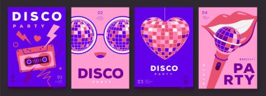 Disko toplu retro disko parti posterleri, kapaklar ya da pankartlar. Disko arka planı. Düz dizayn. Vektör illüstrasyonu