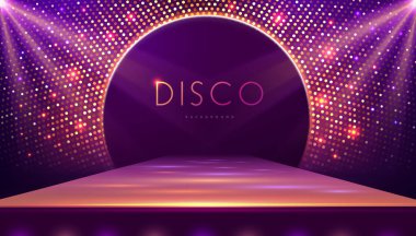 Disko partisinin arka planında 3D podyum, disko topu pullu sim desenli ve spot ışıklı ışıklar var. Disko topu arka planı. Vektör illüstrasyonu