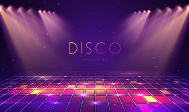 Disko partisinin arka planında neon gökkuşağı dans pisti ve spot lambaları var. Disko topu arka planı. Vektör illüstrasyonu