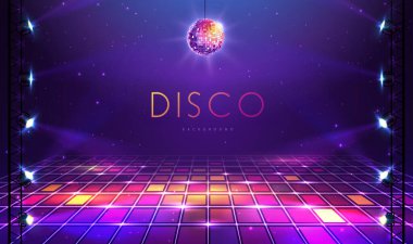 Disko partisinin arka planında neon dans pisti, disko topu ve spot ışıkları var. Disko topu arka planı. Vektör illüstrasyonu