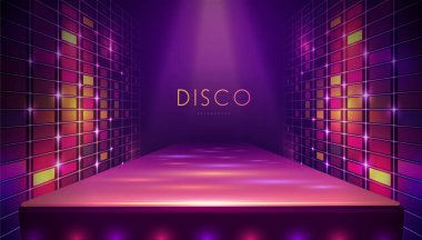 Disko partisinin arka planında 3D podyum, neon gökkuşağı dokusu ve spot ışık demetleri var. Disko topu arka planı. Vektör illüstrasyonu