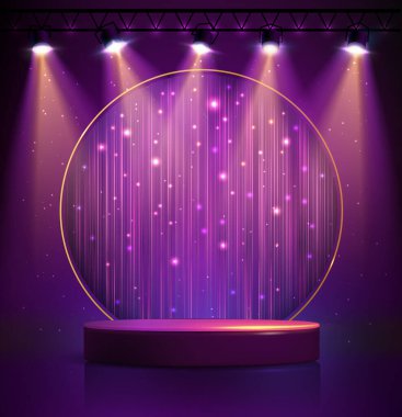 Disco party showcase background with 3d podium, disco neon glitter texture and spot light beams. Disco ball background. Vector illustration clipart