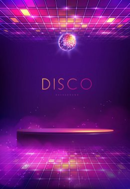 Disko partisi arka planında 3D podyum, disko topu, neon gökkuşağı kare desen ve duman. Disko topu arka planı. Vektör illüstrasyonu