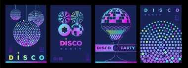 Disko toplu retro fütüristik disko parti posterleri, kapaklar ya da afişler. Floresan disko arka planı. Düz dizayn. Vektör illüstrasyonu
