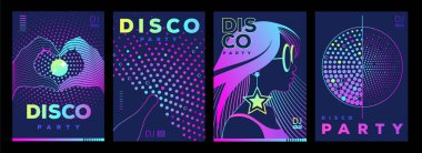 Disko toplu retro fütüristik disko parti posterleri, kapaklar ya da afişler. Floresan disko arka planı. Düz dizayn. Vektör illüstrasyonu