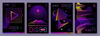 Farklı geometrik şekilli retro fütüristik holografik disko parti posterleri, kapaklar veya afişler. Floresan disko arka planı. Düz dizayn. Vektör illüstrasyonu
