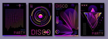 Farklı geometrik şekilli retro fütüristik holografik disko parti posterleri, kapaklar veya afişler. Floresan disko arka planı. Düz dizayn. Vektör illüstrasyonu