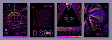 Farklı geometrik şekilli retro fütüristik holografik disko parti posterleri, kapaklar veya afişler. Floresan disko arka planı. Düz dizayn. Vektör illüstrasyonu