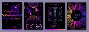 Farklı geometrik şekilli retro fütüristik holografik disko parti posterleri, kapaklar veya afişler. Floresan disko arka planı. Düz dizayn. Vektör illüstrasyonu