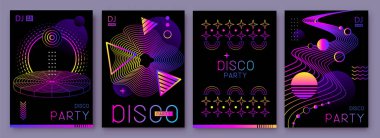 Farklı geometrik şekilli retro fütüristik holografik disko parti posterleri, kapaklar veya afişler. Floresan disko arka planı. Düz dizayn. Vektör illüstrasyonu