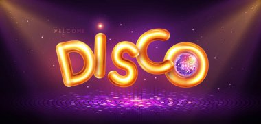 Disko partisi tipografisi arka planında 3D altın harfler, dans pisti ve spot ışıkları var. Vektör illüstrasyonu