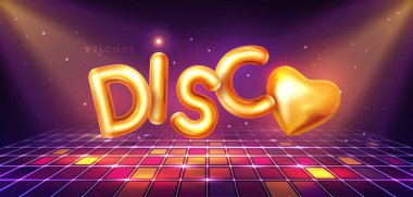 Disko partisi tipografisi arka planında 3D altın harfler, dans pisti ve spot ışıkları var. Vektör illüstrasyonu