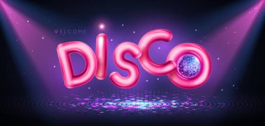 Disko partisi tipografisi arka planında 3 boyutlu pembe krom harfler, dans pisti ve spot lambaları var. Vektör illüstrasyonu