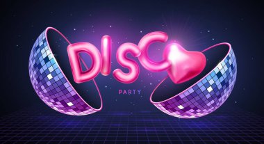 Disko partisinin tipografi geçmişi 3 boyutlu pembe krom harfler, disko topu, kalp ve dans pisti. Vektör illüstrasyonu