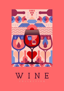 Modern dergi kapağı ya da şarap şişeleri ve gözlüklü poster. Restoran menüsü tasarımı. Vektör illüstrasyonu