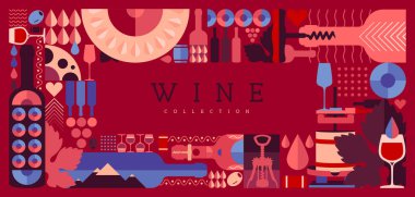 Modern dergi kapağı ya da şarap şişeleri ve gözlüklü poster. Restoran menüsü tasarımı. Vektör illüstrasyonu