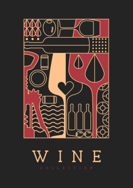 Modern çizgi sanat dergisi kapağı ya da şarap şişeleri ve gözlüklü poster. Restoran menüsü tasarımı. Vektör illüstrasyonu