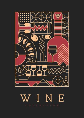 Modern çizgi sanat dergisi kapağı ya da şarap şişeleri ve gözlüklü poster. Restoran menüsü tasarımı. Vektör illüstrasyonu