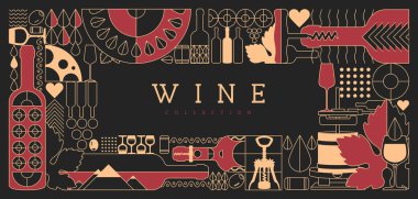 Modern çizgi sanat dergisi kapağı ya da şarap şişeleri ve gözlüklü poster. Restoran menüsü tasarımı. Vektör illüstrasyonu