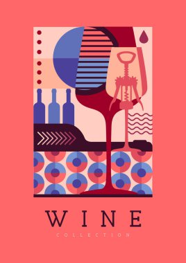 Modern dergi kapağı ya da şarap şişeleri ve gözlüklü poster. Restoran menüsü tasarımı. Vektör illüstrasyonu