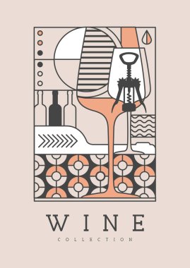 Modern çizgi sanat dergisi kapağı ya da şarap şişeleri ve gözlüklü poster. Restoran şarap menüsü tasarımı. Vektör illüstrasyonu