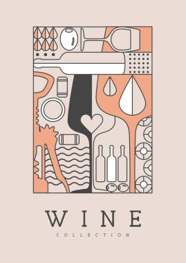 Modern çizgi sanat dergisi kapağı ya da şarap şişeleri ve gözlüklü poster. Restoran şarap menüsü tasarımı. Vektör illüstrasyonu