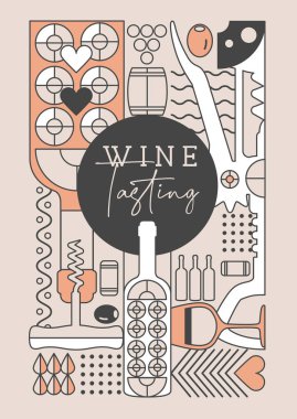 Modern çizgi sanat dergisi kapağı ya da şarap şişeleri ve gözlüklü poster. Restoran şarap menüsü tasarımı. Vektör illüstrasyonu