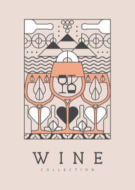 Modern çizgi sanat dergisi kapağı ya da şarap şişeleri ve gözlüklü poster. Restoran şarap menüsü tasarımı. Vektör illüstrasyonu