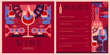 Mozaik şarap şişeleri ve bardaklarla restoran şarap menüsü tasarımı. Şarap arka planı. Vektör illüstrasyonu