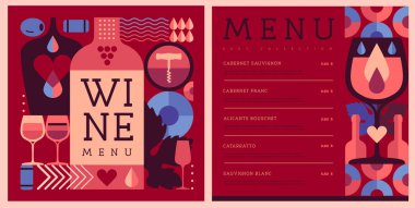 Mozaik şarap şişeleri ve bardaklarla restoran şarap menüsü tasarımı. Şarap arka planı. Vektör illüstrasyonu