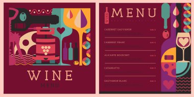 Mozaik şarap şişeleri ve bardaklarla restoran şarap menüsü tasarımı. Şarap arka planı. Vektör illüstrasyonu