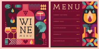 Mozaik şarap şişeleri ve bardaklarla restoran şarap menüsü tasarımı. Şarap arka planı. Vektör illüstrasyonu