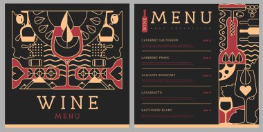 Restoran şarap menüsü tasarımı, çizgili şarap şişeleri ve bardaklar. Şarap arka planı. Vektör illüstrasyonu