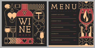 Restoran şarap menüsü tasarımı, çizgili şarap şişeleri ve bardaklar. Şarap arka planı. Vektör illüstrasyonu