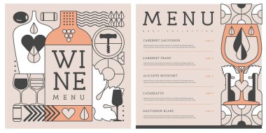 Restoran şarap menüsü tasarımı, çizgili şarap şişeleri ve bardaklar. Şarap arka planı. Vektör illüstrasyonu