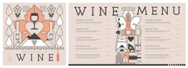 Restoran şarap menüsü tasarımı, çizgili şarap şişeleri ve bardaklar. Şarap arka planı. Vektör illüstrasyonu