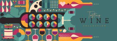 Şarap şişeleri ve gözlüklü modern afiş ya da poster. Restoran menüsü tasarımı. Şarap arka planı. Vektör illüstrasyonu