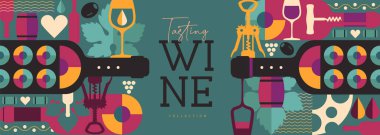 Şarap şişeleri ve gözlüklü modern afiş ya da poster. Restoran menüsü tasarımı. Şarap arka planı. Vektör illüstrasyonu