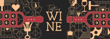 Modern çizgi sanat afişi ya da şarap şişeleri ve gözlüklü poster. Restoran menüsü tasarımı. Şarap arka planı. Vektör illüstrasyonu