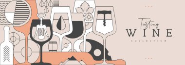 Modern çizgi sanat afişi ya da şarap şişeleri ve gözlüklü poster. Restoran menüsü tasarımı. Şarap arka planı. Vektör illüstrasyonu