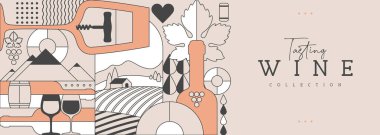 Modern çizgi sanat afişi ya da şarap şişeleri ve gözlüklü poster. Restoran menüsü tasarımı. Şarap arka planı. Vektör illüstrasyonu