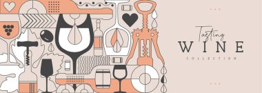 Modern çizgi sanat afişi ya da şarap şişeleri ve gözlüklü poster. Restoran menüsü tasarımı. Şarap arka planı. Vektör illüstrasyonu