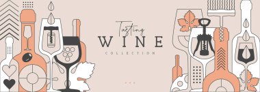 Modern çizgi sanat afişi ya da şarap şişeleri ve gözlüklü poster. Restoran menüsü tasarımı. Şarap arka planı. Vektör illüstrasyonu