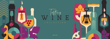 Şarap şişeleri ve gözlüklü modern afiş ya da poster. Restoran menüsü tasarımı. Şarap arka planı. Vektör illüstrasyonu