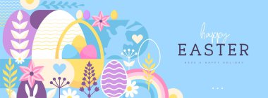 Paskalya tatili posteri ya da tavşan, Paskalya yumurtası, söğüt dalı ve çiçekli pankart. Vektör illüstrasyonu