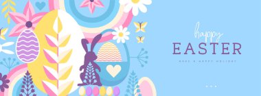 Paskalya tatili posteri ya da tavşan, Paskalya yumurtası, söğüt dalı ve çiçekli pankart. Vektör illüstrasyonu